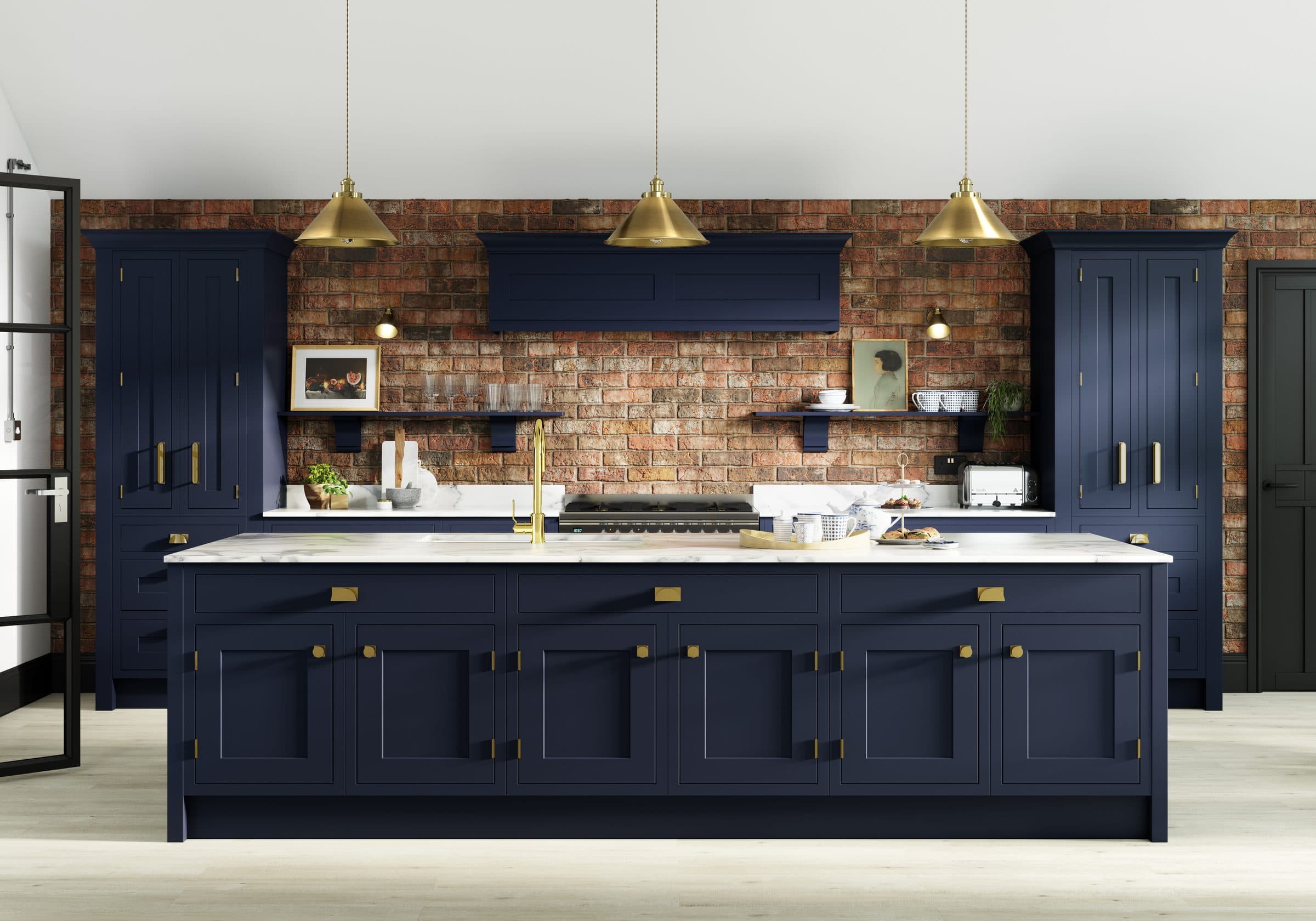 Aberford Indigo kitchen, full room view with island