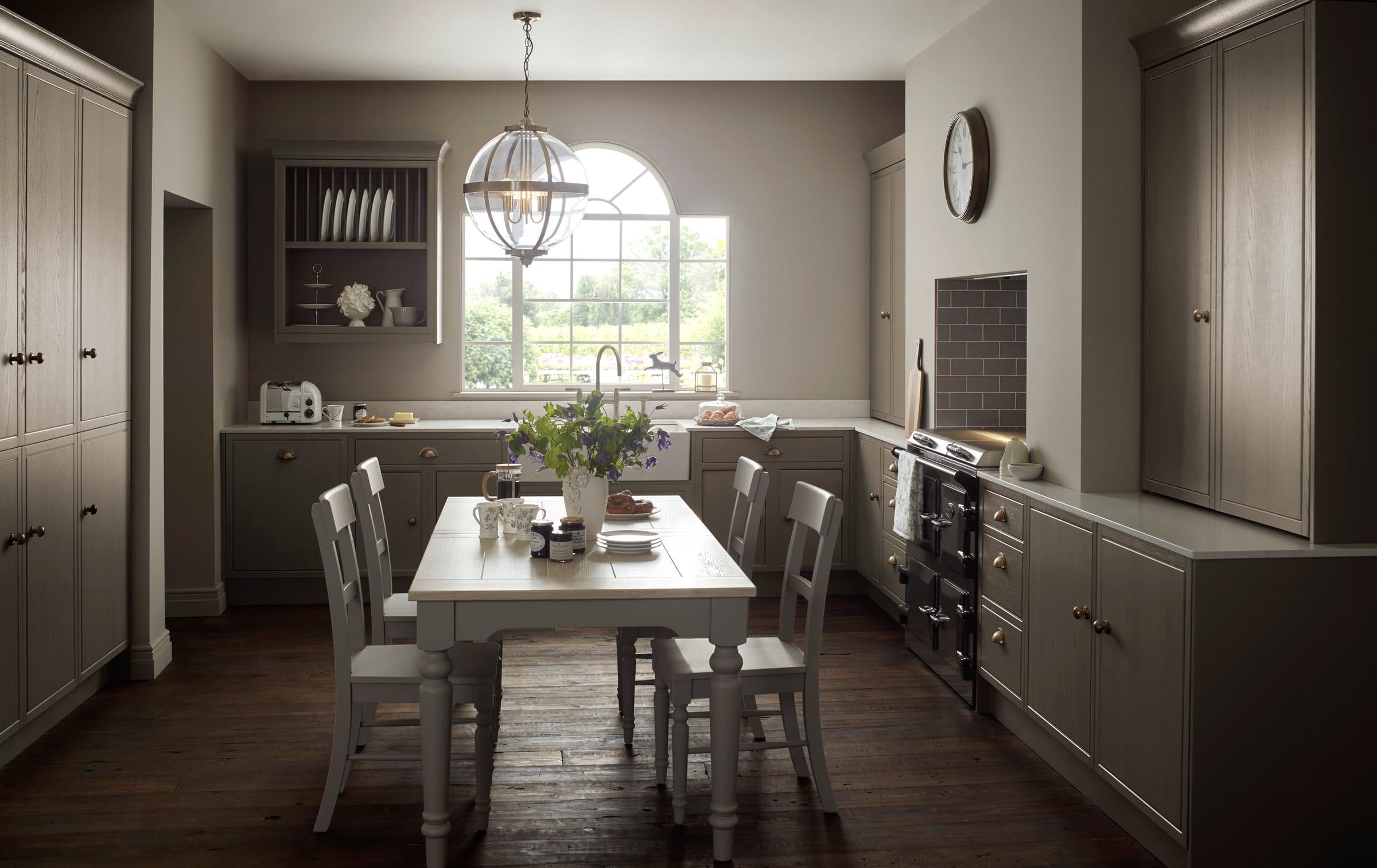 Harbury Clay kitchen, full room view with island and plate rack