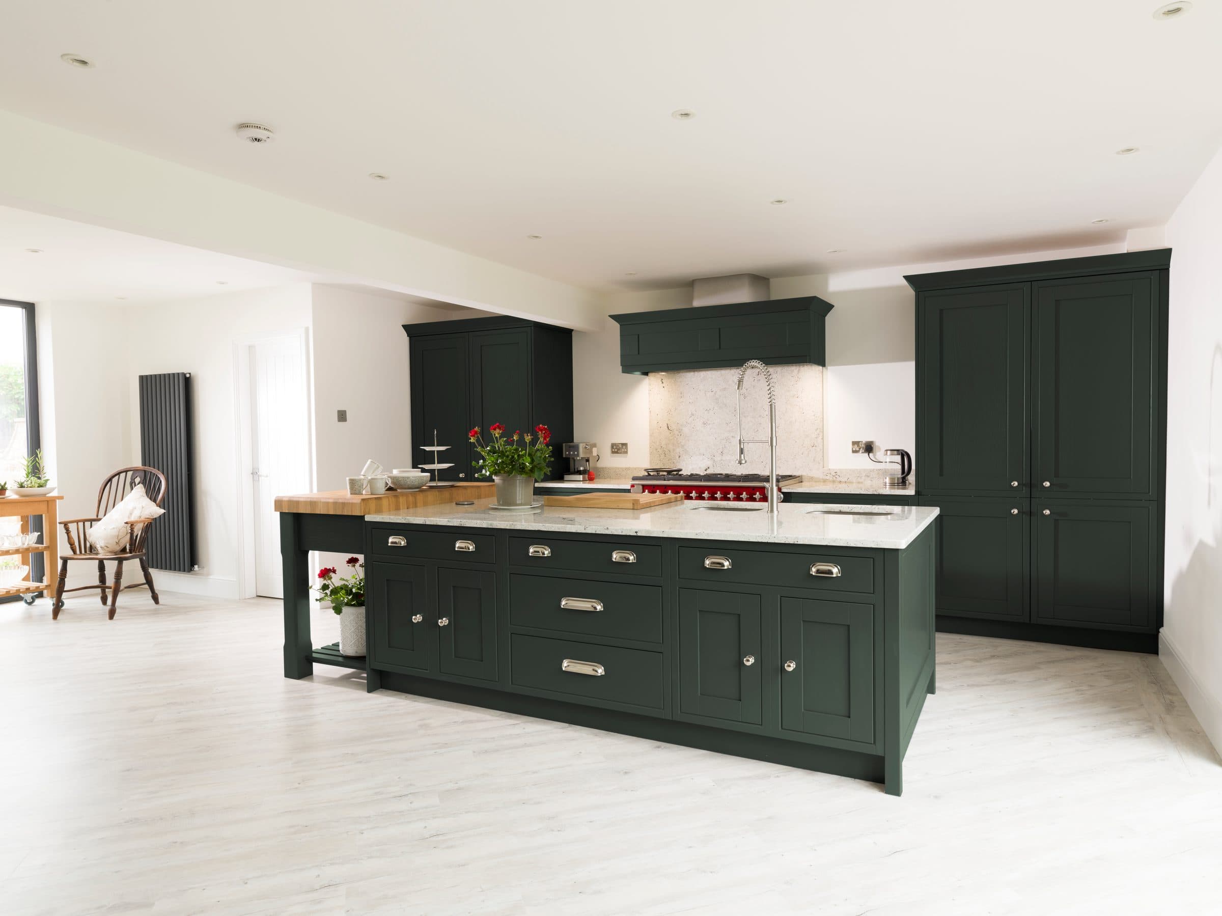 Helmsley Bottle Green kitchen, transitional in-frame with clean lines