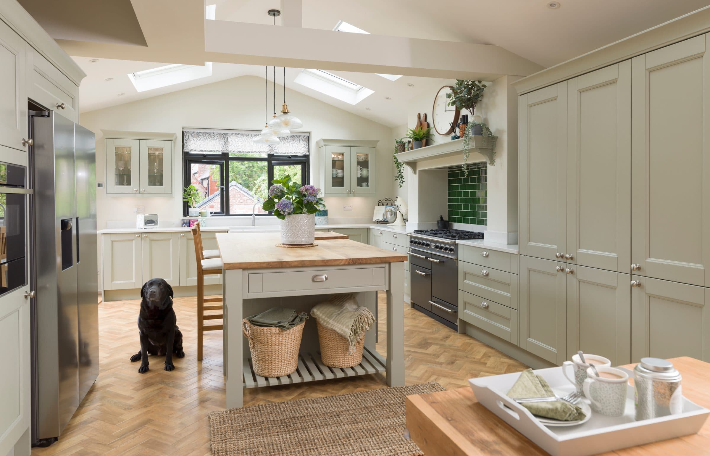 Rosedale Sage kitchen, soft beaded shaker with brass hardware
